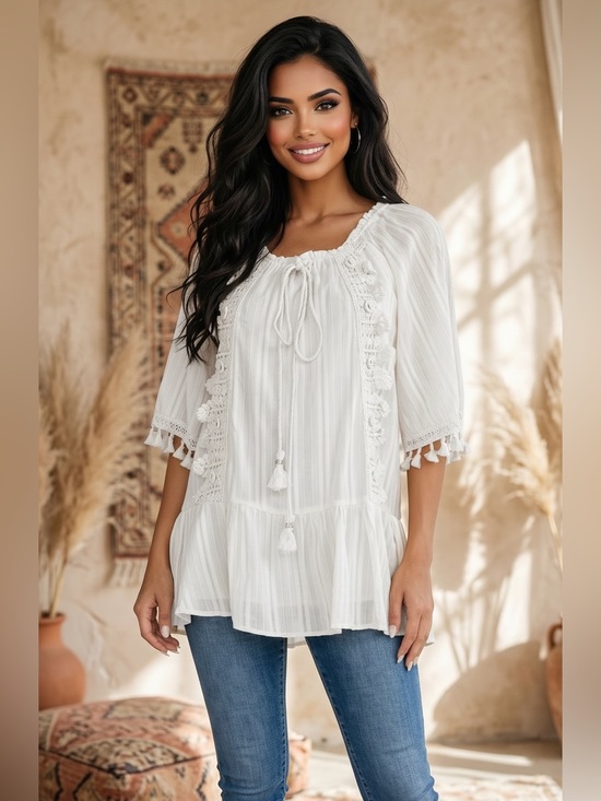 Tops - 🌟B635. Boho Tassel Peasant Blouse in White